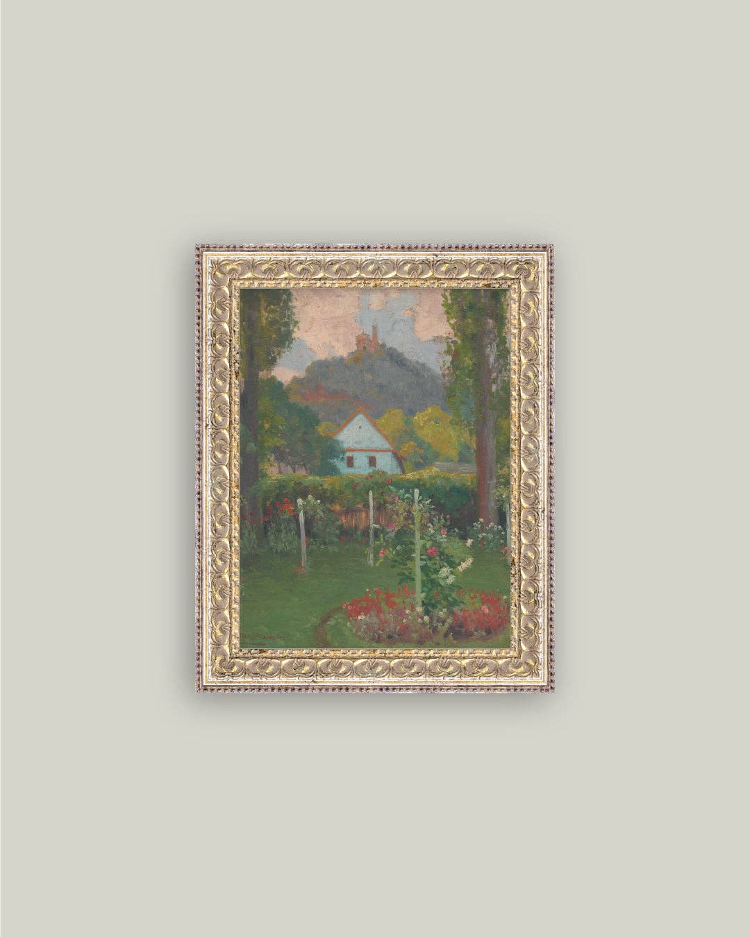 Cottage under the Castle Framed Antique Art: 8x10