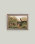 Rabbits on a Log Framed Antique Art: 7x5