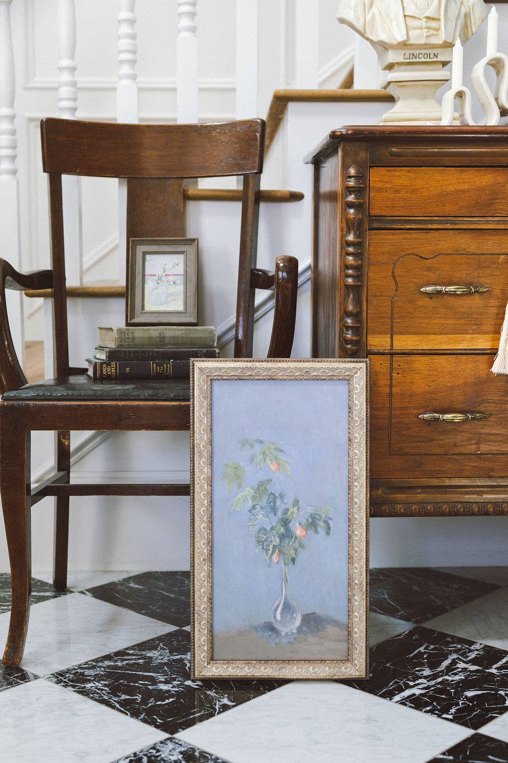 Flowers in a Glass Vase Framed Antique Art: 7x12