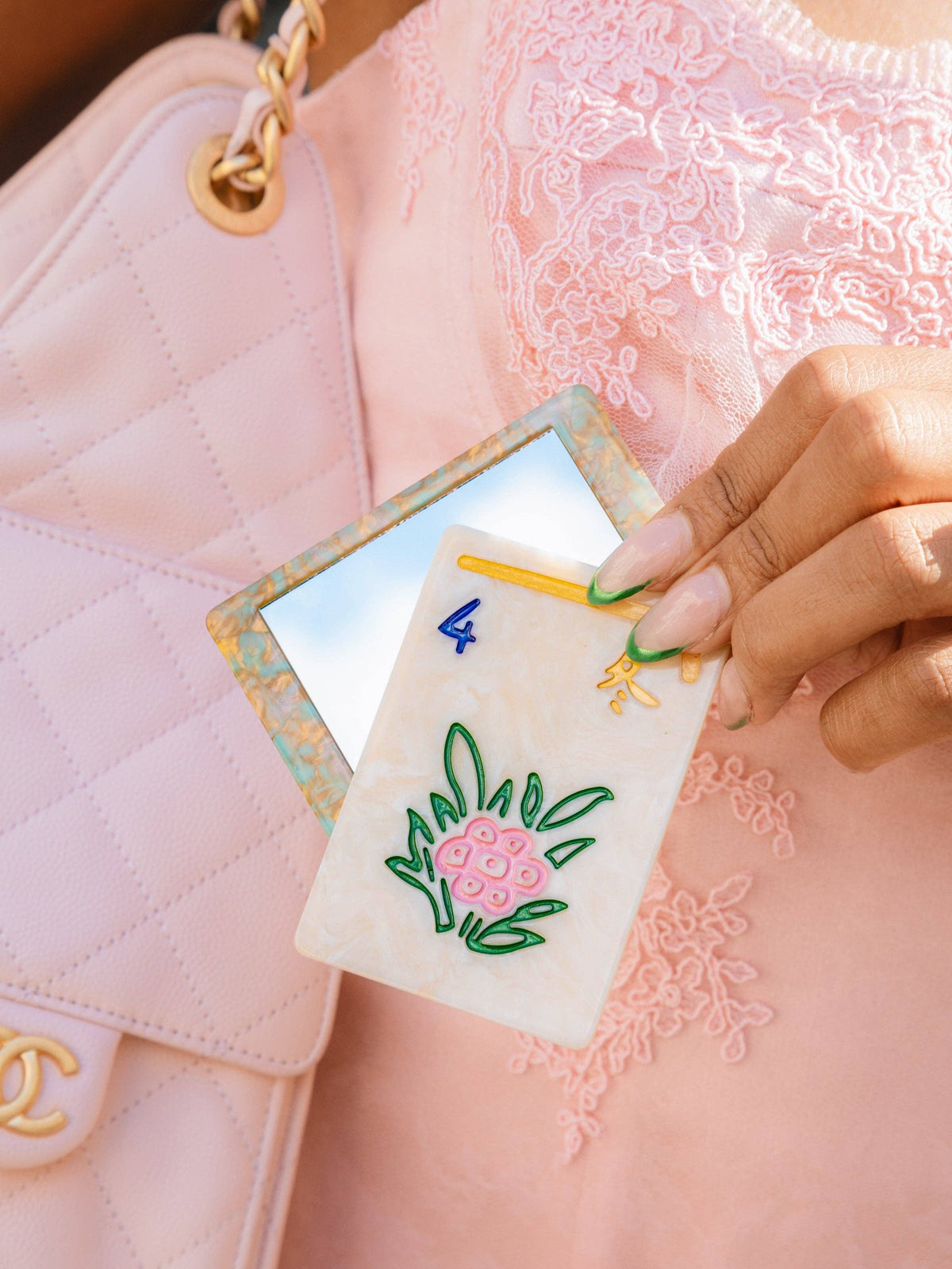 Compact Mirror: Hand-painted Flower Mahjong Compact Mirror | Eco-Friendly
