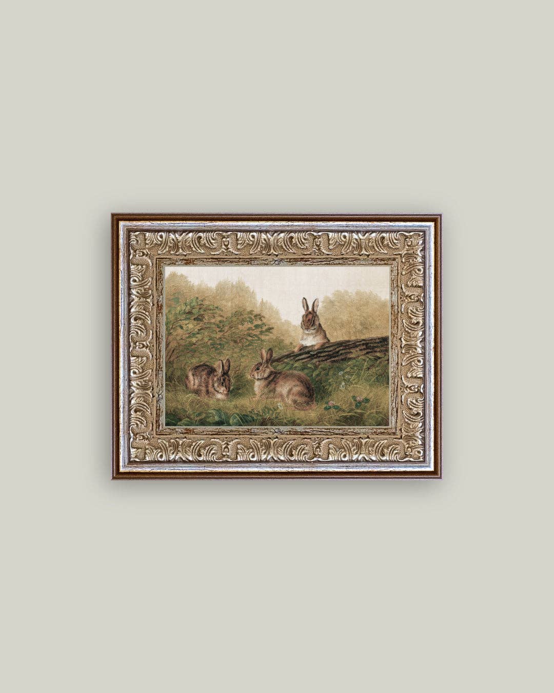 Rabbits on a Log Framed Antique Art: 7x5