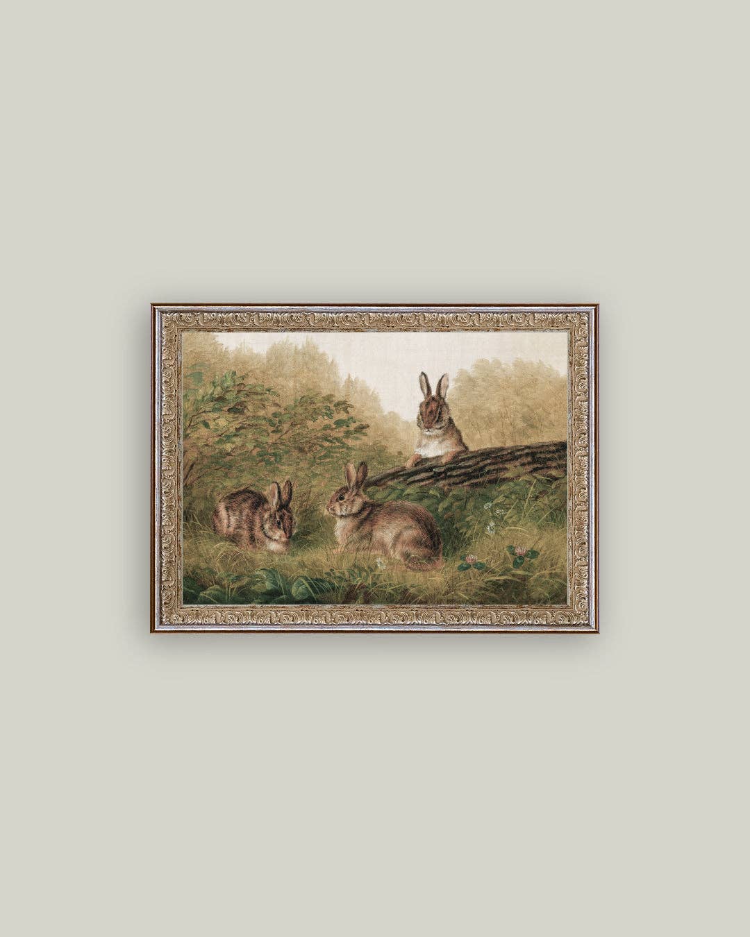Rabbits on a Log Framed Antique Art: 7x5